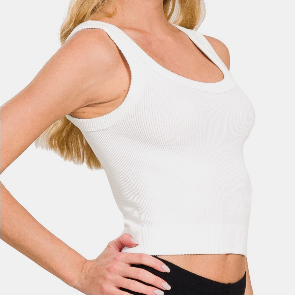 NEW Zenana White MyKayla Ribbed Knit Round Neck Cropped Tank Crop Top - Picture 2 of 3